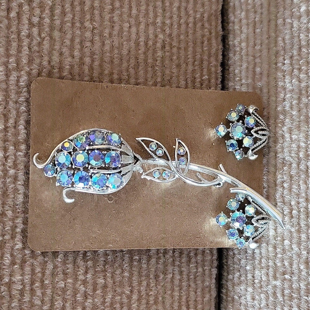 CORO  Tulip Flower Rhinestone Brooch and Clip on Earrings